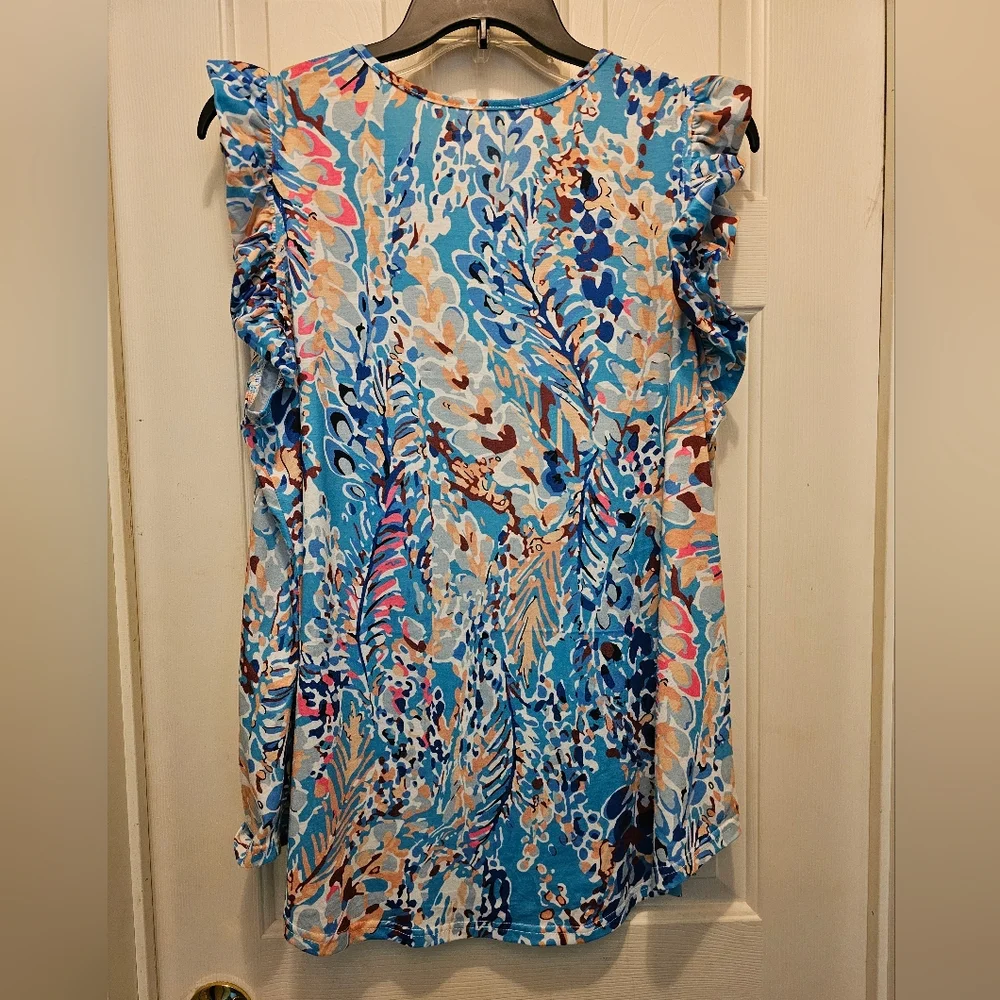 GUC Women's Abstract Floral Ruffled Sleeveless Top - 2XL - Picture 4 of 6